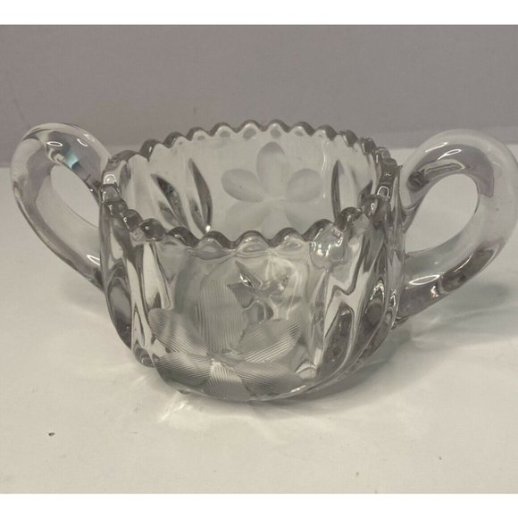VTG EAPG Glass SUGAR BOWL Double Handle Sawtooth Star Base Floral Design - Picture 3 of 12